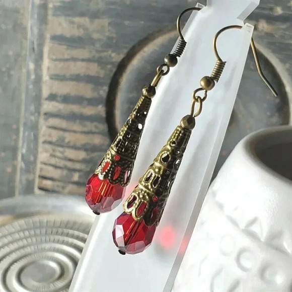 Bronze Faceted Crystal Ruby Red Luster Antiqued Filigree Teardrop Earrings - Picture 5 of 8